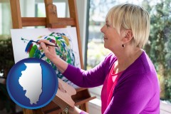 illinois map icon and an artist painting a picture