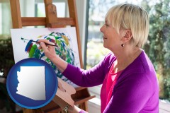 arizona map icon and an artist painting a picture