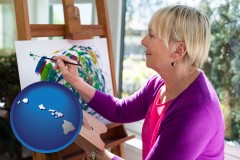 hawaii map icon and an artist painting a picture