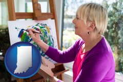 indiana map icon and an artist painting a picture