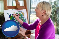 kentucky map icon and an artist painting a picture