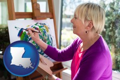 louisiana map icon and an artist painting a picture