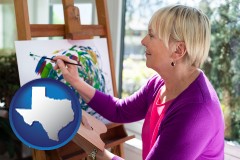 texas map icon and an artist painting a picture