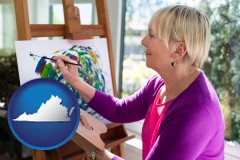 virginia map icon and an artist painting a picture