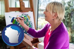 wisconsin map icon and an artist painting a picture